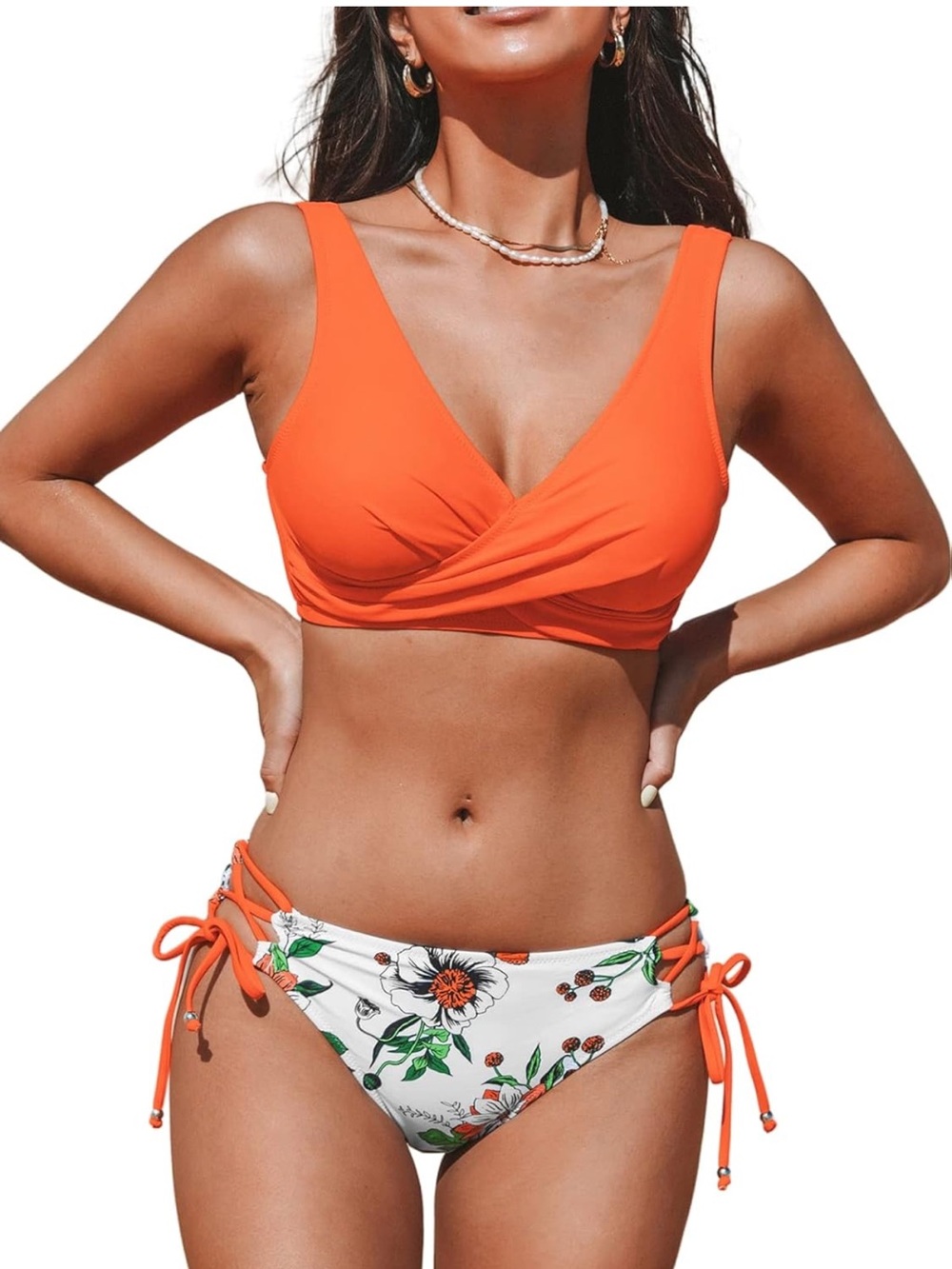 Cupshe Orange V-Neck Wrap Bikini Top with White Floral Side-Tie Bottoms